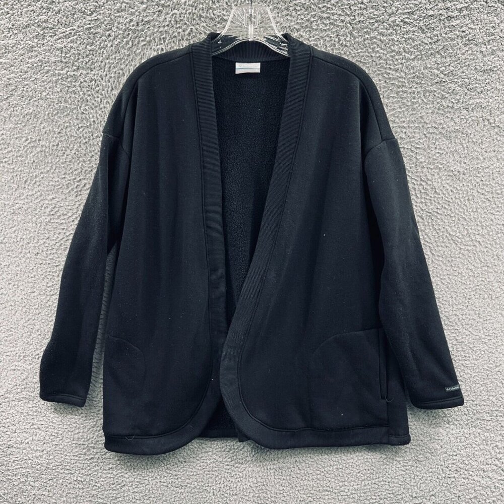 Columbia Womens Black Open Front Fleece Jacket Cardigan Cozy Lounge Travel Layer